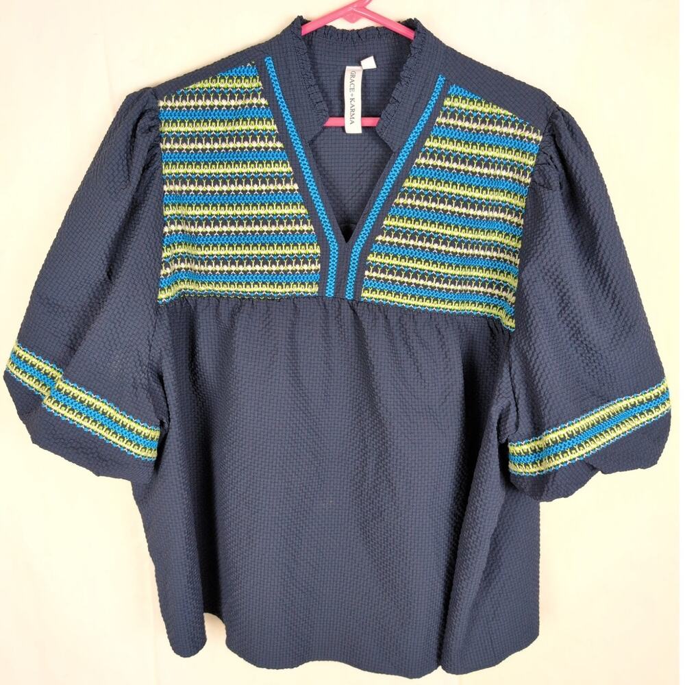 Grace + Karma blue green striped embroidered textured top Size 2X Boho Cottage